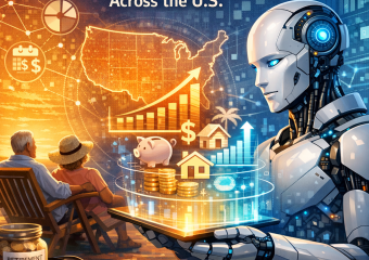 AI interface displaying advanced retirement planning strategies on a screen with U.S. map in background.