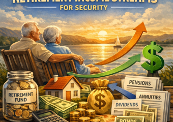 "Graphic showing various retirement income streams: pensions, annuities, dividends, bonds, and savings."