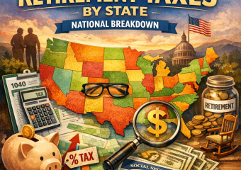 Map of the U.S. showing varying retirement taxes by state with financial icons.