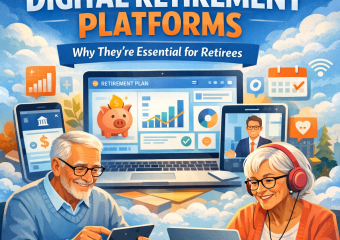 Illustration of retirees engaging with digital retirement platforms on tablets and laptops, with finance and social media ico