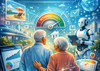 Elderly couple viewing a digital interface displaying financial investments for retirement planning.