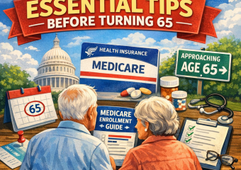 Elderly couple reviewing a Medicare enrollment booklet together.
