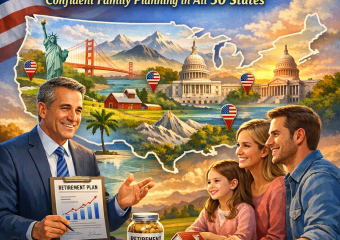 Advisor discusses retirement planning with a family, U.S. map in the background.