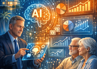 Businessman showing AI retirement plan on tablet to elderly couple.