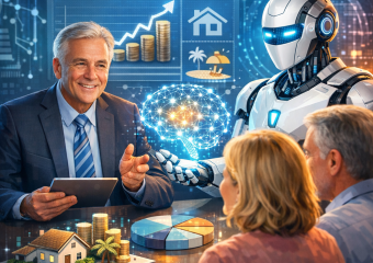 Robot advisor showing retirement plan to senior couple on a high-tech screen.