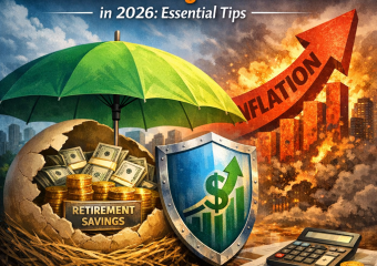 Pie chart labeled with strategies for protecting retirement savings from inflation in 2026.