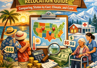 U.S. map highlighting cost, climate, and healthcare options for retirement state comparison.