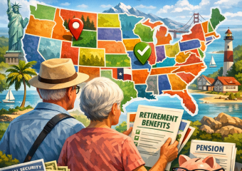 Illustration of a senior couple reviewing a map of the USA, discussing state-specific retirement benefits.