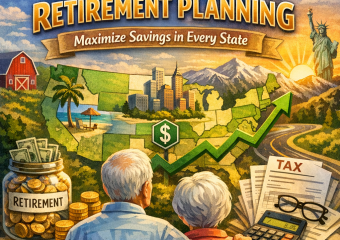 Map of the U.S. highlighting different states with symbols of money and tax forms, illustrating tax-smart retirement planning