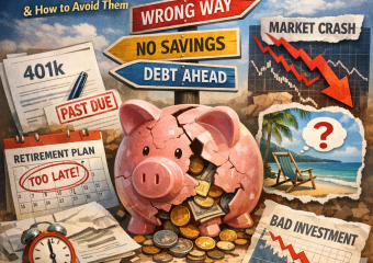 Illustration of no savings, debt, market crash, and bad investments as retirement mistakes.