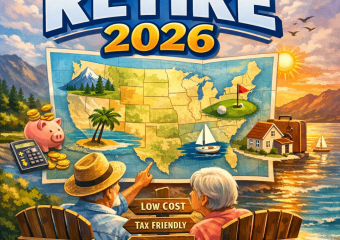 Illustration of a map showing the best U.S. states to retire in 2026 with icons for cost, taxes, and lifestyle.