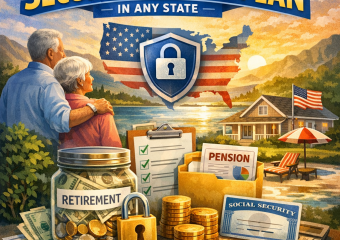 Illustration of elements for a secure retirement plan including savings, pension, social security, and financial planning.