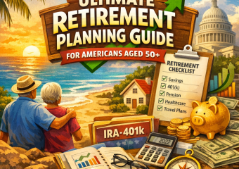 Book on a table titled "Ultimate Retirement Planning Guide" with icons for savings, 401(k), pension, healthcare, and travel.