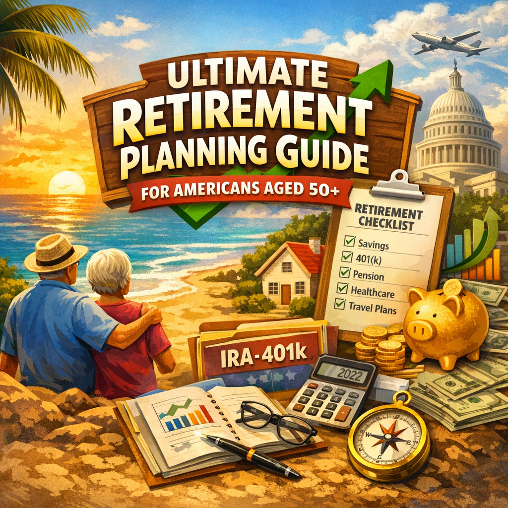Book on a table titled "Ultimate Retirement Planning Guide" with icons for savings, 401(k), pension, healthcare, and travel.